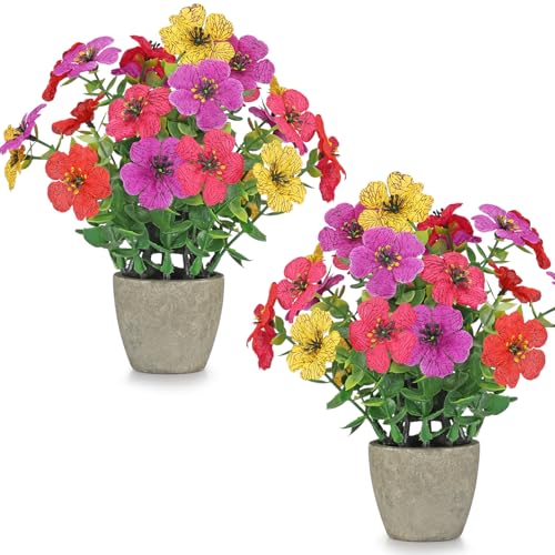 2 Pack Small Fake Plants Potted Artificial Plants Artificial Flowers Potted Faux Flower Daisy with Eucalyptus Leaves for Home Decor Office Room Farmhouse Indoor Table Bathroom Decor （colorful） - color: Small-colored