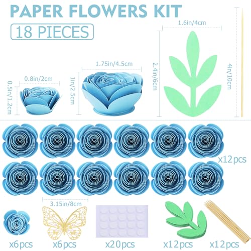 Mverse Blue Roses Artificial Flowers, Mini Paper Flower Crafts DIY Gift Decorations for Custom Shadow Box Frame, Graduation Cap, Cake Topper (18 Pieces, Blue) - color: 17- Blue