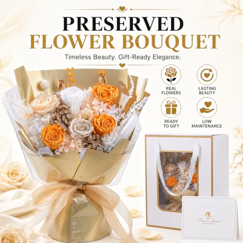 Preserved Real Flowers Bouquet, Preserved Eternal Roses Ready to Gift for Mother’s Day Birthday Gift for Mom Grandma Nana Wife Graduation Flowers for Her Class of 2026 (Sunset Champagne) - color: Sunset Champagne