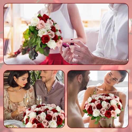 48 Pcs Silk Artificial Flowers, Fake Rose Long Stem Realistic Artificial Flowers for Wedding Arrangement Centerpiece Party Decor (16 Burgundy, 16 Coffee Pink, 16 Off-White)