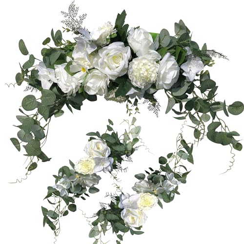 Wedding Arch Flowers,3Pcs Set White Rose Decorative Floral Swags, Artificial Greenery Eucalyptus Leaves Flower For Sheer Drapes, Wedding Chair, Arbor, Wedding Ceremony and Reception Arrangement - color: White