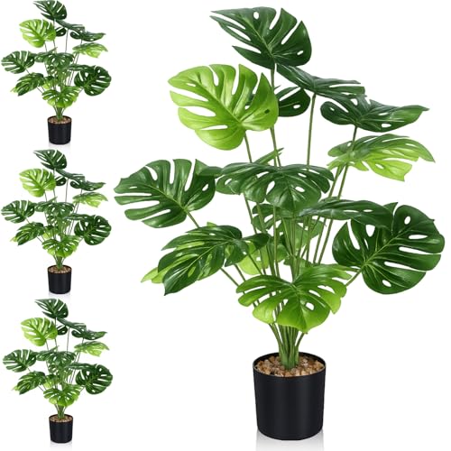Giegxin 4 Pack Fake Plants 28'' Large Tall Artificial Monstera Faux Potted Tropical Faux Monstera Plants 18 Decorative Split Leaves Sage Green for Indoor Outdoor Front Porch Home Tree Decor