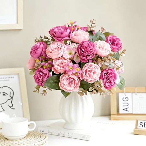 DEMIUKO 2PCS Peonies Artificial Flowers, Faux Peony Bouquet Fake Silk Flower for Vase Faux Floral Arrangements Plastic Flowers for Farmhouse Home Kitchen Table Centerpiece Party Wedding Decor - color: Rose Red, size: 2PCS