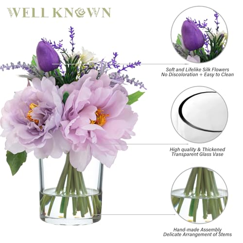 WELL KNOWN Artificial Flowers in Glass Vase with Fake Water, Silk Peony Fake Tulip Lavender Bouquet for Home Dining Table Office Hotel Wedding Party Lavatory Decor & Gift (Lavender Purple) - color: Lavender Purple