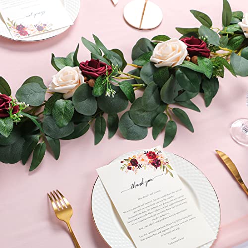 ponatia 6.5FT Handcrafted Artificial Rose Flower Garland, Eucalyptus Greenery Garland for Wedding Ceremony Garlands Backdrop Arch Flowers, Reception Table Decorations (Burgundy & Ivory Cream) - color: Burgundy & Ivory Cream