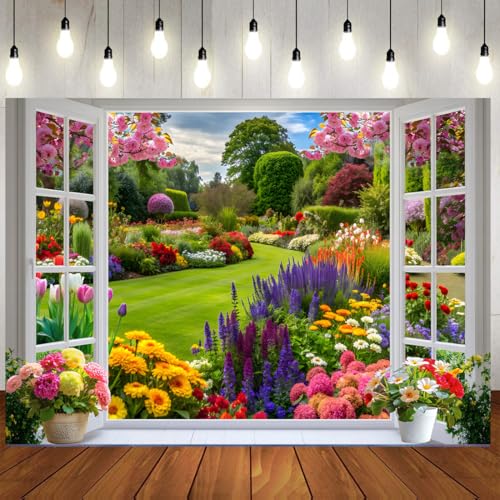 7x5ft Spring Summer Garden Window Backdrop Floral Nature Landscape Photo Background with Blooming Flowers for Portrait Photoshoot, Wedding, Baby Shower, Birthday, Studio Decor 359 - size: 7x5ft