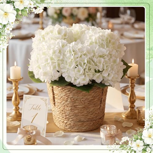 6 Pcs 14 Inch White Artificial Hydrangea Flowers with Woven Handle Basket and Floral Foam, Full Silk Fake Hydrangeas Kit for Handheld Bouquet Wedding Table Centerpieces Home Decor