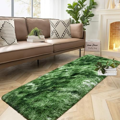 DweIke Fluffy Dark Green Runner Rugs for Bedroom, 2x6 Feet Soft Plush Long Moss Runners for Girls Boys Kids, Non-Slip and Machine Washable Bedside Rug, Small Throw Carpet for Hallway Rooms Decor - color: Dark-green, size: 2 Ft X 6 Ft