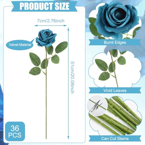 36 Pcs Velvet Texture Teal Artificial Flowers Bridal Bouquet, Fake Rose Long Stem Realistic Flowers Bulk for Valentine's Day Wedding Bouquet Ball Arrangement Centerpiece Party Home Decor - color: Teal