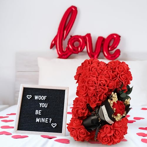 Gifts for Women Rose Bear with Bouquet and I Love You Necklace in 100 Languages, Birthday Mother’s Day Anniversary Valentines Gifts for Girlfriend Mom Wife Daughter - color: Rose Red