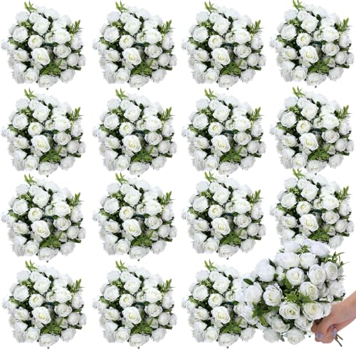 Zeyune 16 Bunches 12 Inch White Artificial Mini Rose Bouquet, Total 160 Heads Fake Silk Rose Flowers Bulk, Bridal Bouquet for Wedding, Bridal Shower, Home & Office Table Decor - color: White