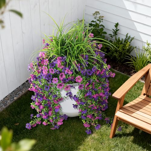 Hommyea Artificial Hanging Flowers for Outdoors with Wheat Grass, 5 Pcs Fake Hanging Plants for Spring Decor, UV Resistant Faux Silk Flower Greenry for Planter Porch Patio Yard Garden(Double Purple) - color: Z Double Purple With Grass