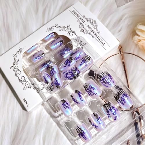 24Pcs Cat Eyes Press on Nails Short Square Flower Nails Press ons Purple Fake Nails with Lavender Designs False Nails Gel Artificial Acrylic Nail Extra Short Fingernail Stick on Nails for Women