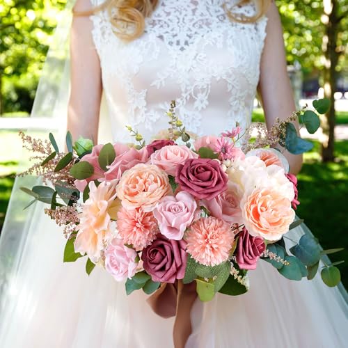 Rose Artificial Flowers Combo Fake Flowers Pink Roses Silk Flowers with Stems for Valentine's Day DIY Wedding Bouquets Centerpieces Arrangements Table Party Baby Shower Home Decor (Champagne Pink) - color: Champagne Pink