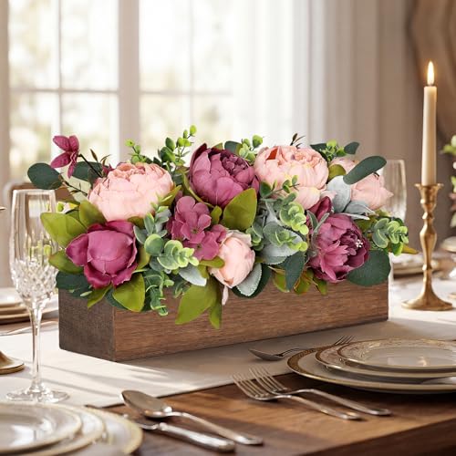 Pre-Made Flower Table Centerpieces for Dining Room Wedding Artificial Peony Table Decorations Wood Tray with Fake Flowers for Living Room Party Bar Kitchen Table(Dusty Mauve & Blush Pink) - color: Dusty Mauve & Blush Pink