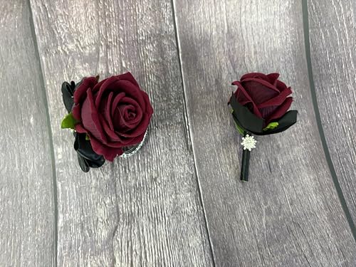 Ting & Cecilly Burgundy Rose Wrist Corsage Boutonniere Set Artificial Flower with Black Satin Ribbon Rhinestone Decor Handmade Silk Flower for Prom Wedding Party Suit Decor - color: Burgundy