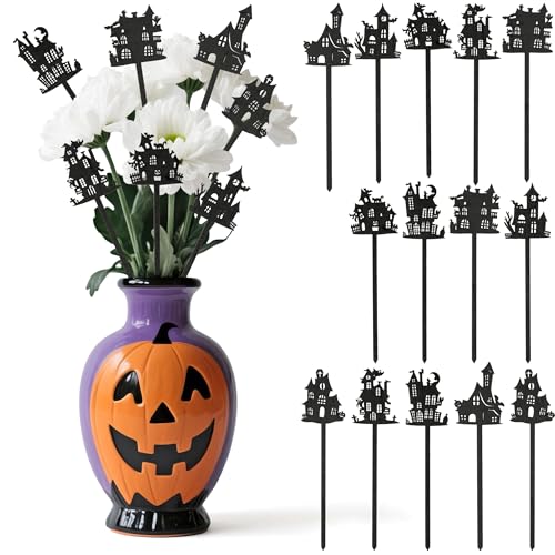 TICIAGA Halloween House Wooden Picks - 14PCS Haunted House Double-sided Decorative Pick for Home Vase Filler Wood Silhouette Black Pumpkin Boo Ghost House Floral for Halloween Party Home Kitchen Decor - color: Halloween House