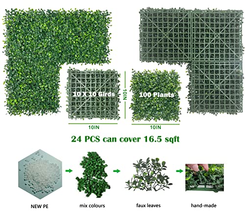 Bybeton 24 Pcs Artificial Grass Wall Panels, 10x10 Inch Fake Boxwood Greenery Backdrop, Realistic Privacy Screen for Indoor Outdoor Photo Background, Spring Decor - size: 10*10IN 24Pcs