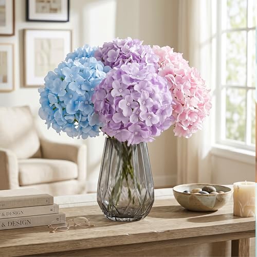 Auihiay 10Pcs Artificial Hydrangea Flowers, Realistic Faux Silk Hydrangea with Stems, Fake Flowers for Wedding Centerpieces Baby Shower Bridal Bouquet Home Farther's Day Decor Table Decorations - color: Mixed Color