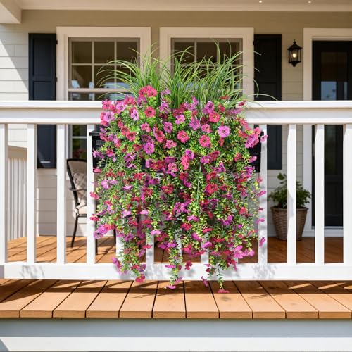 Artificial Hanging Flowers with Wheat Grass for Outdoors, 5 Pcs Fake Hanging Plants for Spring Decor, UV Resistant Faux Silk Flower Greenry for Planter Porch Patio Yard Garden(Light Purple Red) - color: Z Light Purple Red With Grass