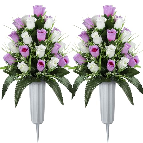 XONOR 2 Sets Artificial Cemetery Flowers, Grave Decorations Roses, Memorial Flowers Bouquet with Vase for Grave Cemetery Decoration (Pink &White) - color: Pink &White