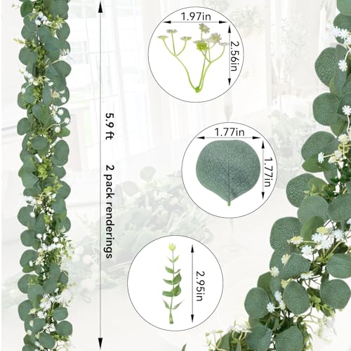 CQURE 8Pcs Eucalyptus Garland,Artificial Eucalyptus Leaves Table Greenery Garland Wreath Vines for Wedding Party Table Bedroom Wall Decor - size: 47.2 Ft with Flowers