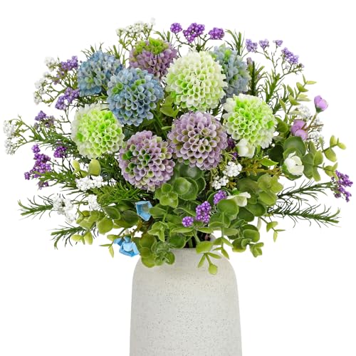 UV Resistant Artificial Flowers for Outdoors & Indoors 3 Bouquets, 12.9" UV Rated Faux Mums Chrysanthemum Plastic Flowers for Decoration, Fake Floral Arrangements for Home, Planter, Patio, Porch Decor - color: White & Blue & Purple