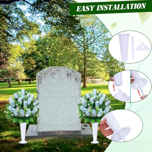 Artificial Cemetery Flowers for Grave,2Pack Memorial Roses Bouquets with Vase for Grave Tombstone Decorations(Blue) - color: Blue