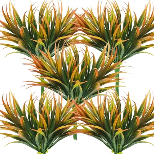 32 Pcs Artificial Grass Fake Plants 17.3in Outdoor Plastic Plants UV Resistant Greenery Fake Grass for Home Window Garden Office Patio Hanging Planter Pathway Front Porch Décor Orange Yellow - color: Yellow, size: 32 Pcs