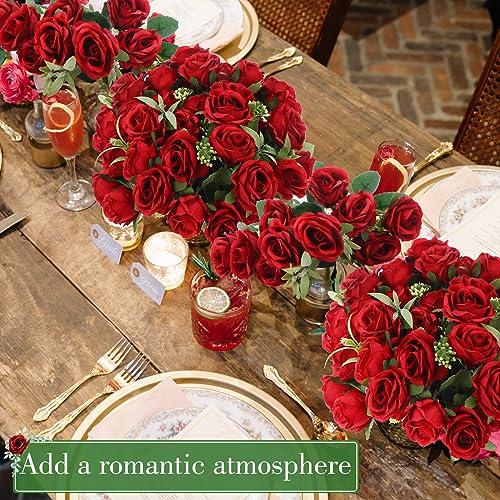 Zeyune 16 Bunches 12 Inch Red Artificial Mini Rose Bouquet, Total 160 Heads Fake Silk Rose Flowers Bulk, Bridal Bouquet for Wedding, Bridal Shower, Home & Office Table Decor - color: Red