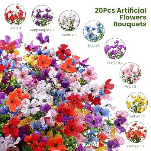 SHareconn Artificial Flowers Outdoors Decoration, Fake Silk mums Eucalyptus Realistic UV Resistant Faux Plants for Outside Indoor Planter Porch Yard Home Spring Decor 20 Bundles, Mix 8 Colors - color: Mix 8 Colors