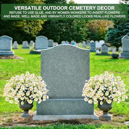 12 Bundles Artificial Daisy Flowers for Outdoors Summer Decor, UV Resistant Fake Cemetery Flowers Faux Plastic Greenery Shrub Plants for Outside Home Gardens Porch Planter Memorial Day Decor(White) - color: White, size: 12 Bundles