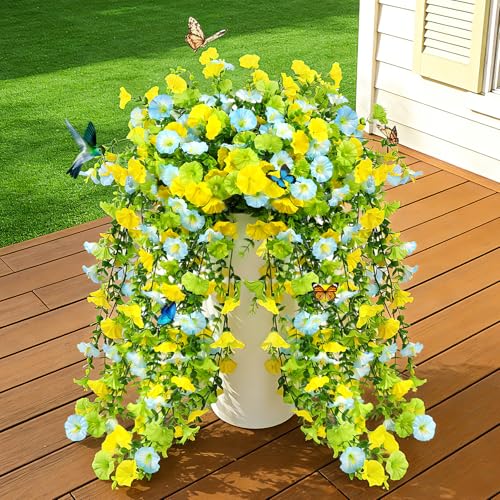 UV Resistant Cascading Artificial Hanging Flowers for Outdoors Decoration,4 Bundles NO Fade Realistic Faux Silk Plants Colorful Morning Glory for Outside Garden Yard Planter Front Porch Decor - color: Blue Green Yellow