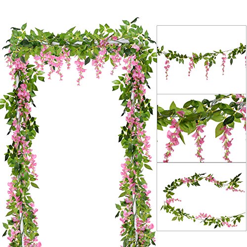 DearHouse 4Pcs 6.6Ft/Piece Artificial Flowers Silk Wisteria Garland Artificial Wisteria Vine Rattan Silk Hanging Flower for Home Garden Outdoor Ceremony Wedding Arch Floral Decor(Pink) - color: Pink