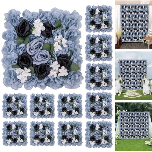 12-Pack Flower Wall Panels, 15x15 Inch Artificial Silk Rose Backdrop 3D Silk Hydrangea Rose Floral Panel for Photo Background Home Party Wedding Backdrop Decoration - color: Blue