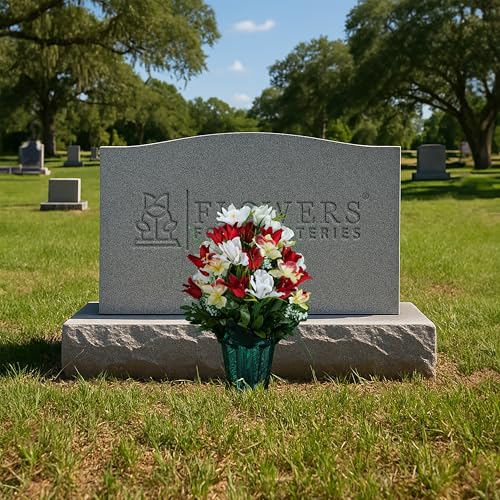 Sympathy Silks Artificial Cemetery Flowers - Grave Decoration - Red Tulips and White Iris (1) Potted Arrangement - color: Red/White, size: (1) Pot