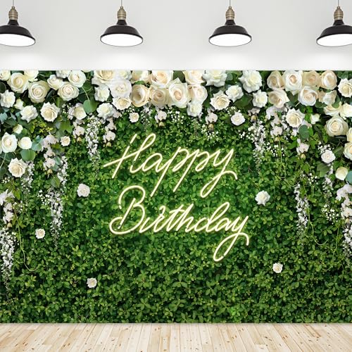 Riyidecor Happy Birthday Backdrop for Women Neon Flower Wall White Rose Green Leaves Floral Blossom Botanical Plant 7Wx5H Feet Nature Photography Background Girls Photo Studio Shoot Polyester Fabric - color: A-Birthday （White Rose）, size: 7Wx5H