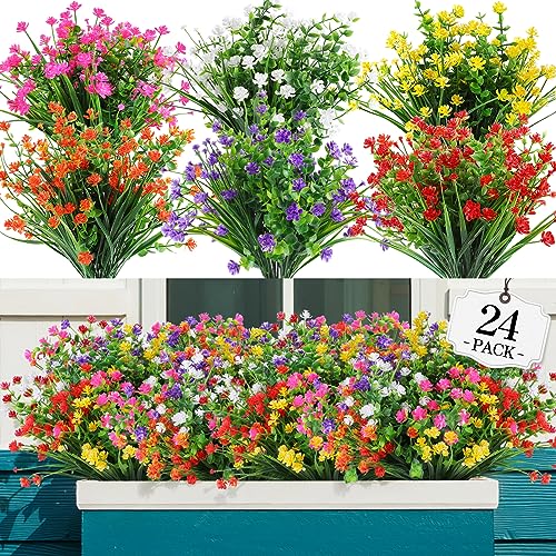 AGIRL 24 Bundles Artificial Flowers Outdoor,No Fade Fake Plastic Flowers Faux Plants for Decoration Hanging Planters Indoor Outside Garden Porch Window Box Home Farmhouse Wedding - color: 6 Mix Colors, size: 24