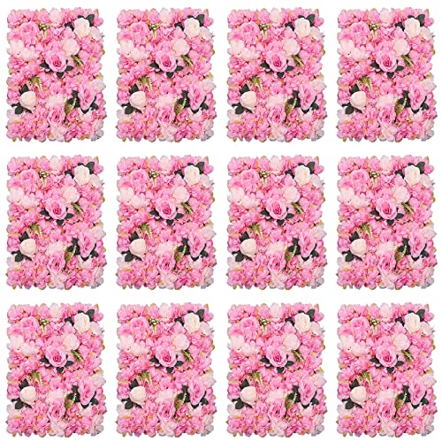 12 Pcs Artificial Flower Wall Panels Silk Dahlia Rose 3D Faux Flower Backdrop Panels Background Decorative for Wedding Celebrations Festive Party Home, 23.62 * 15.74in (Dark Pink) - color: Dark Pink