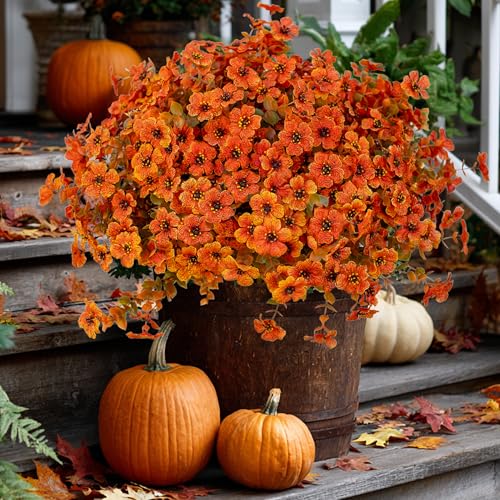 AXYLEX Artificial Fall Flowers Outdoor Fake Mums - 16 Bundles Fake Plants UV Resistant No Fade Faux Plastic Greenery Garden Porch Patio Fall Home Decor (Orangegreen) - color: Orangegreen