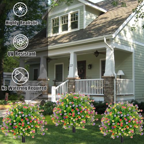 THKFUL Topiary Flower Ball Artificial Outdoor Set of 2,Fake Eucalyptus Boxwood Ball Evergreen Tree with Spike,UV Resistant Faux Shrubs Plants D15.8 for Outdoor Planter,Spring,Porch Decor - style: Colorful