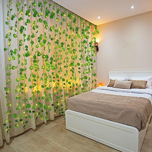 Unittype 15 Pcs 6.6 ft 300 LED Fake Ivy Vines with Lights for Bedroom String Fairy Light Curtain Artificial Hanging Vines Plant Garland with Light for Wall Outdoor Indoor Decor(Eucalyptus Leaf) - style: Eucalyptus Leaf