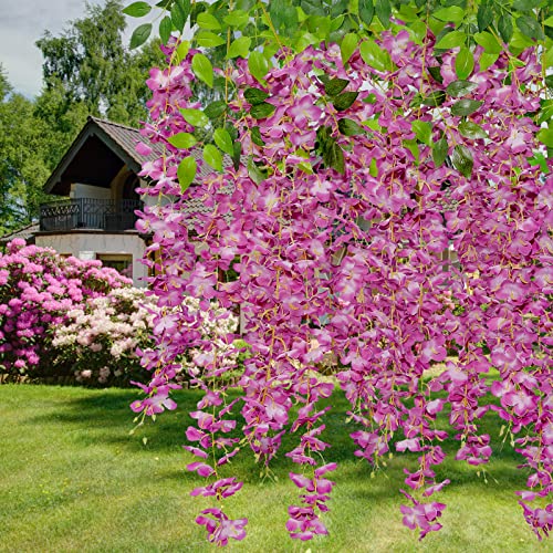 U'Artlines 24 Pack (Total 86.4 Feet) Artificial Fake Wisteria Vine Rattan Hanging Garland Silk Flowers String Home Party Wedding Decor (24, Purple Red) - color: Purple Red