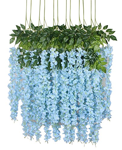 Duovlo 12 Piece Artificial Silk Wisteria Vine 3.6 Feet Hanging Flower Garland String Home Party Wedding Decor (Light Blue) - color: Light Blue