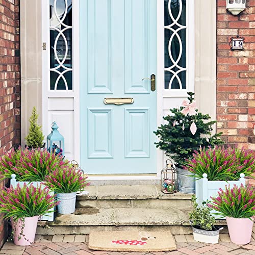 obbsie 12 Bundles Artificial Plants Outdoor, 18.2" UV Resistant Faux Monkey Grass Greenery Stems No Fade Faux Plastic Flowers Shrubs for Home Weddings Garden Porch Front Patio Office Decor - Rose Red - color: Fushia, size: 12 Pcs