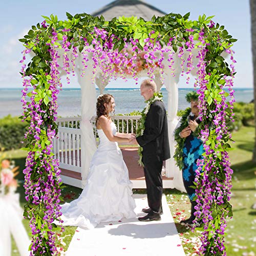 DearHouse 4Pcs 6.6Ft/Piece Artificial Flowers Silk Wisteria Garland Artificial Wisteria Vine Rattan Silk Hanging Flower for Home Garden Outdoor Ceremony Wedding Arch Floral Decor - color: Purplish Red