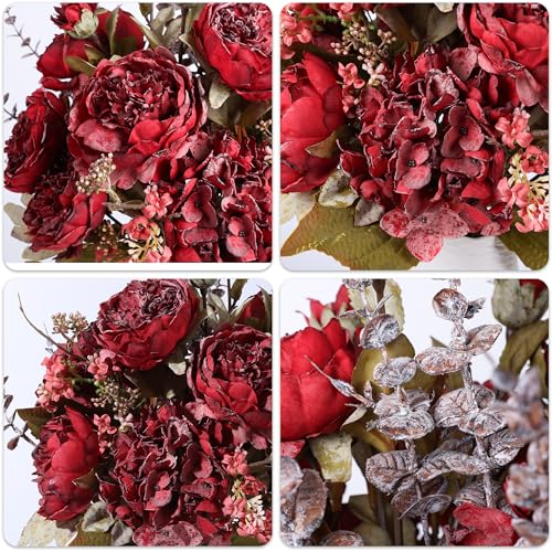 Ivydale Peony Artificial Flowers Bouquet 17.7" Faux Silk Arrangements Fake Peonies Plants Bulk Look Real Dining Table Centerpieces for Home Kitchen Wedding Party Decor, No Vase (Red) - color: Red