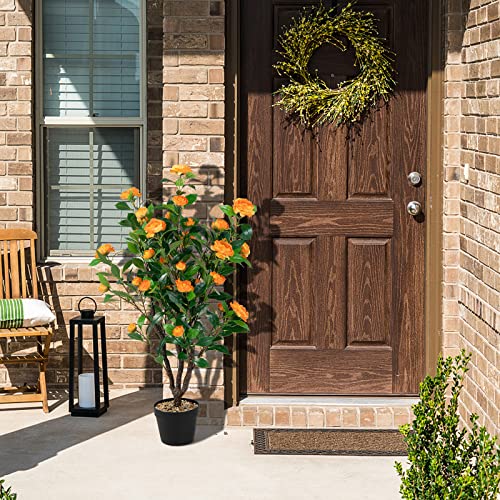 Goplus 40” Artificial Camellia Tree, 2 Pack Flower Plants Artificial Tree, Faux Floral Plant Blooming Tree in Cement Pot, Greenery Potted Plant for Indoor Outdoor Office Home Porch Decor - color: Orange, size: 40 inch×2