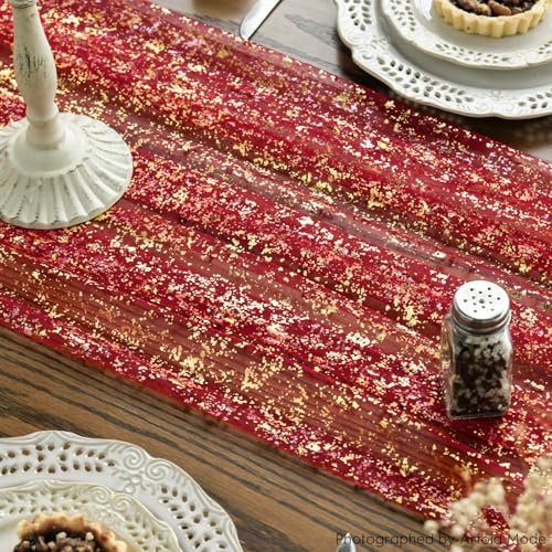 Artoid Mode Red Gold Gauze Table Runner 120 Inch 10FT, Glitter Metallic Foil Sheer Dining Wedding Anniversary Holiday Table Decor for Home Party - color: Red, size: 28" x 120"