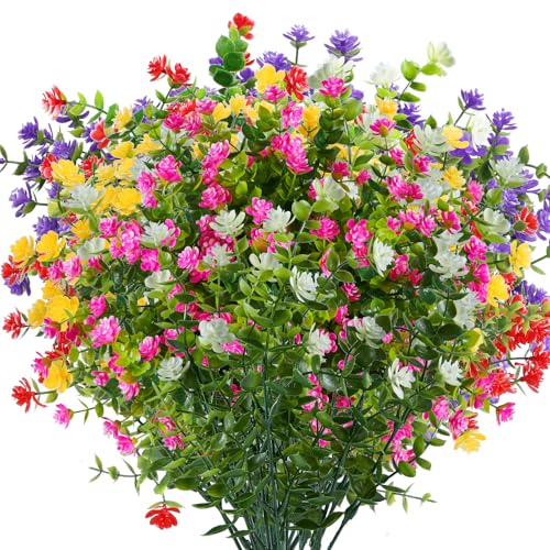 24 Bundles Artificial Flowers Fake Boxwood Shrubs UV Resistant No Fade Faux Greenery Plastic Lotus for Home Garden Indoor Outdoor Porch Patio Office Wedding Decoration(Mix Colors) - color: Mix-color